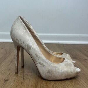 Badgley‎ Mischka Champagne Gold Brocade Peep Toe Stiletto Heels Wedding Shoes 7
